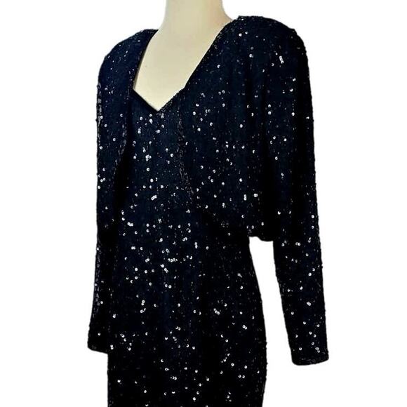 Vintage Formal Silk Black Sequin Beaded Dress Glam Event Gown Bolero Jacket Sz M - Picture 5 of 16